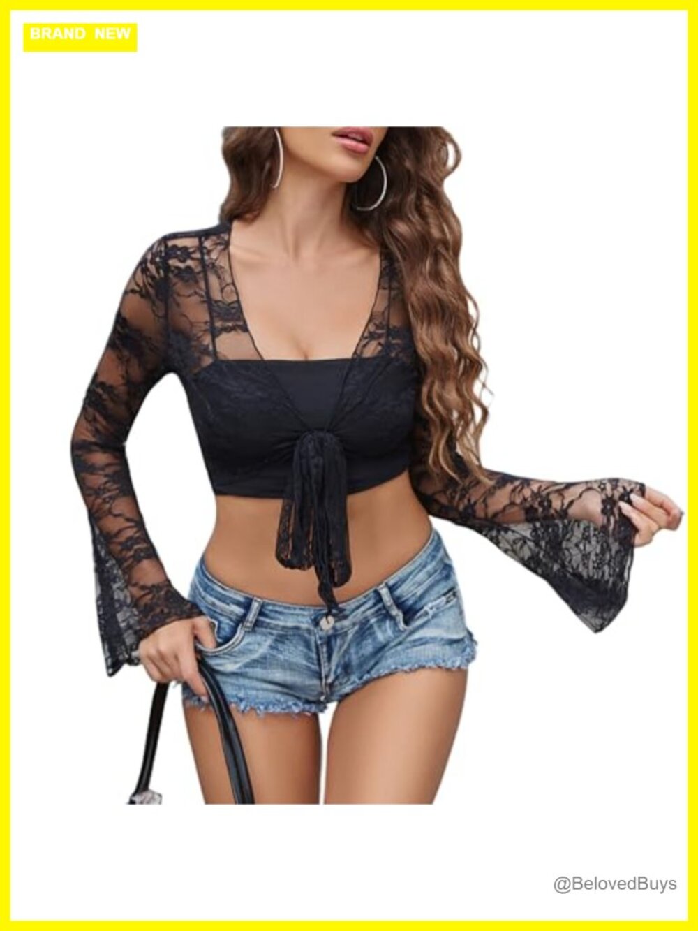 Lace Shrug Bell Sleeve Tie Front Sheer Bolero Crop Cardigan